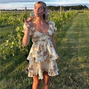 WEWOREWHAT Floral Ruffle Mini Dress Ecru Multi